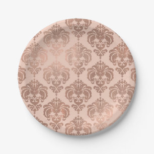 Assiettes En Carton Rose Gold Blush Rose Glam Damask Moderne
