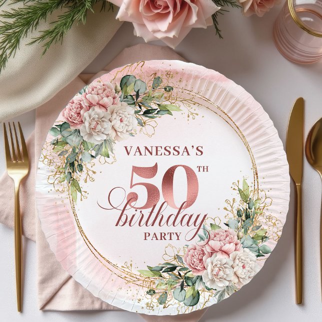 Assiettes En Carton Rose Gold Chic Blush Floral Greenery 50e Anniversa (Chic Rose Gold Blush Floral Greenery 50th Birthday Paper Plates

)