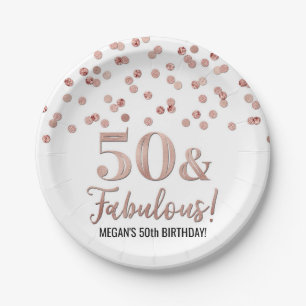 Assiettes En Carton Rose Gold Confetti 50 et fabuleux anniversaire