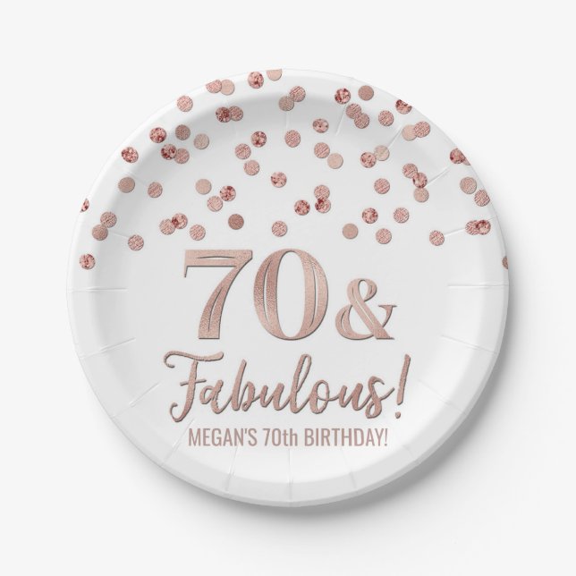 Assiettes En Carton Rose Gold Confetti 70 et fabuleux anniversaire (Devant)