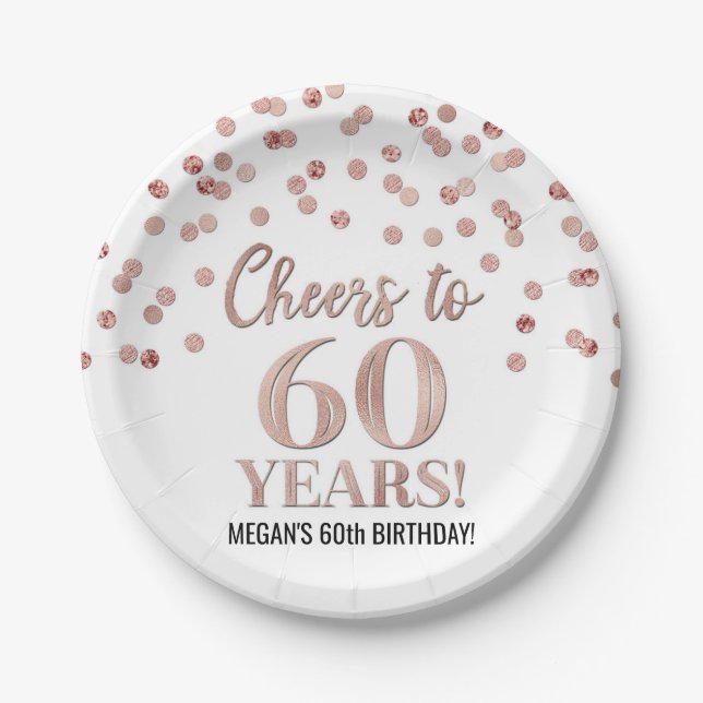 Assiettes En Carton Rose Gold Confetti fête ses 60 ans d'anniversaire (Devant)