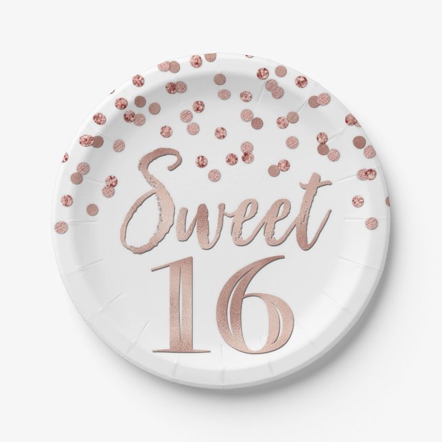Assiettes En Carton Rose Gold Confetti Sweet 16 Anniversaire (Devant)