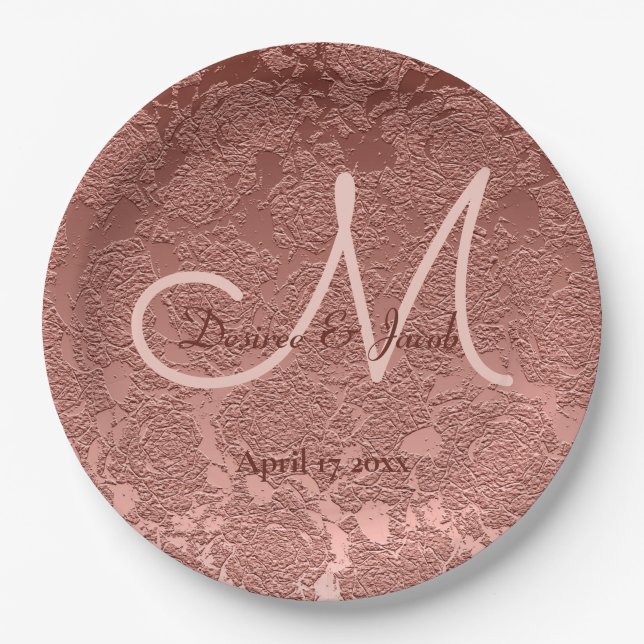 Assiettes En Carton Rose Gold Elegant Mariage Réception Monogramme (Devant)