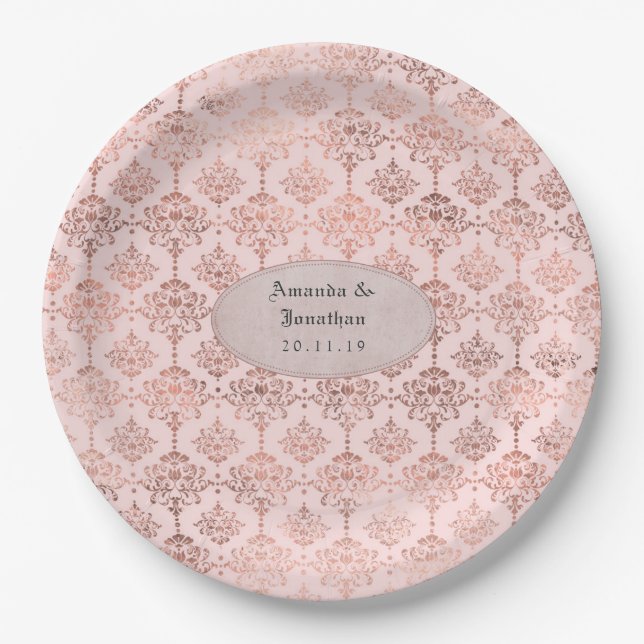 Assiettes En Carton Rose Gold et Blush Foil Mariage damassé (Devant)