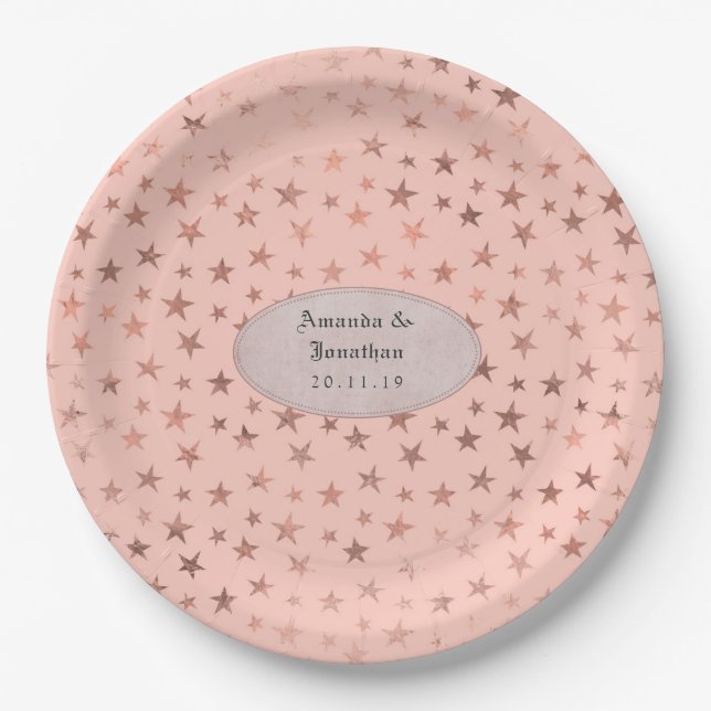 Assiettes En Carton Rose Gold et Blush Foil Stars Mariage (Devant)
