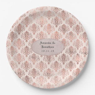 Assiettes En Carton Rose Gold et Rose Pâle Damassé Mariage