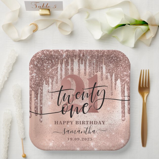 Assiettes En Carton Rose Gold Faux Parties scintillant et Foil fête 21 (Mariage)