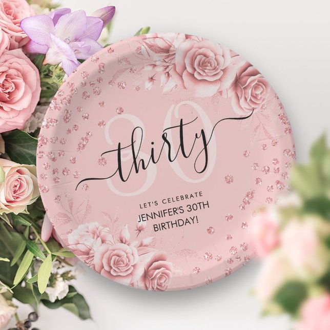 Assiettes En Carton Rose Gold Floral Parties scintillant 30e Anniversa (Rose Gold Floral Glitter 30th Birthday Script Paper Plates)