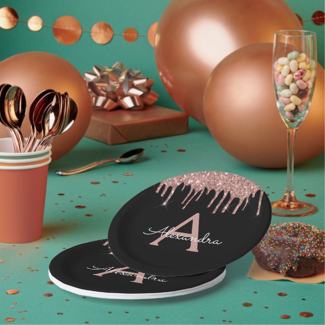 Assiettes En Carton Rose Gold Glitter Monogramme Anniversaire Noir (Multi)