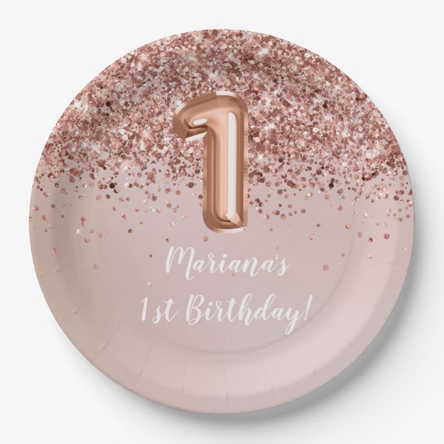 Assiettes En Carton Rose Gold Kids Girl 1er anniversaire fête (Devant)