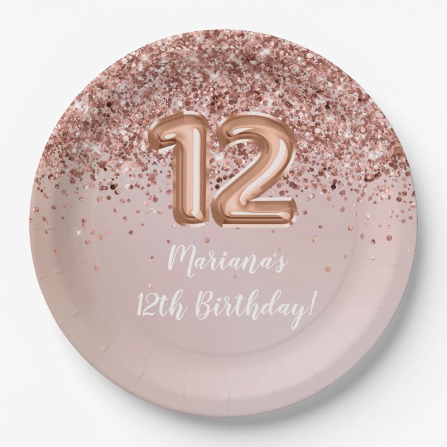 Assiettes En Carton Rose Gold Kids Girly 12e fête d'anniversaire (Devant)