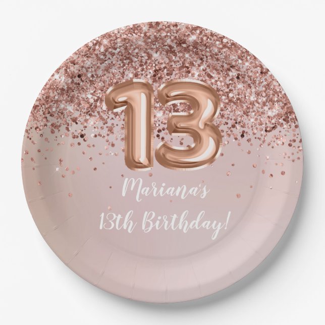 Assiettes En Carton Rose Gold Kids Girly 13e fête d'anniversaire (Devant)