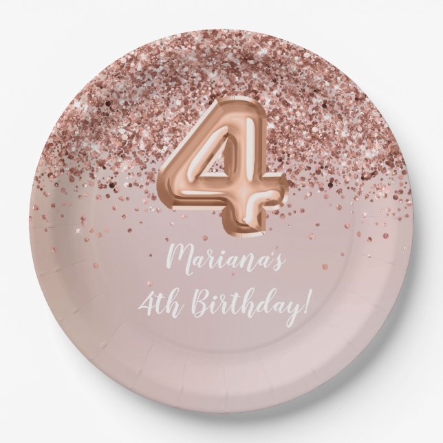 Assiettes En Carton Rose Gold Kids Girly 4e fête d'anniversaire (Devant)