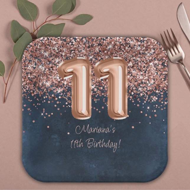 Assiettes En Carton Rose Gold Navy Blue 11e fête d'anniversaire (Créateur téléchargé)