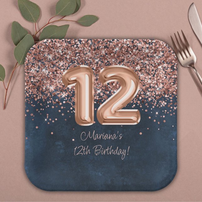 Assiettes En Carton Rose Gold Navy Blue 12e fête d'anniversaire (Créateur téléchargé)