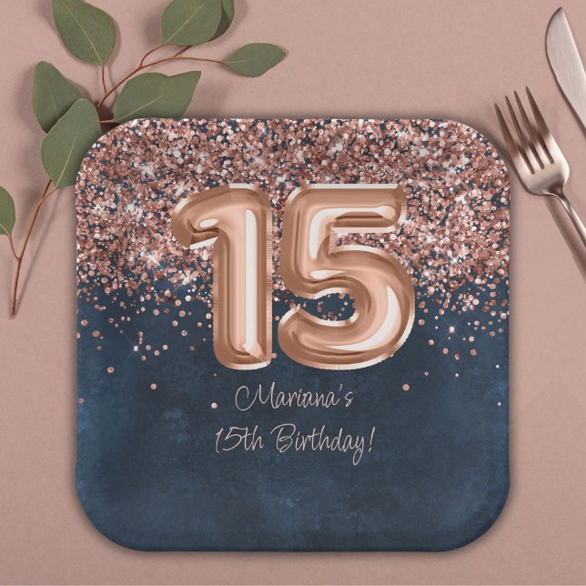 Assiettes En Carton Rose Gold Navy Blue 15e fête d'anniversaire (Créateur téléchargé)