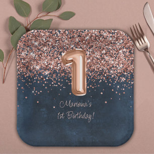 Assiettes En Carton Rose Gold Navy Blue 1er anniversaire fête