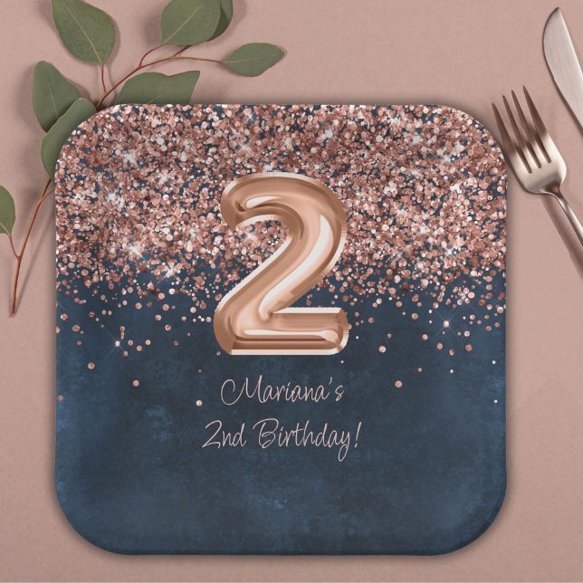 Assiettes En Carton Rose Gold Navy Blue 2e fête d'anniversaire (Créateur téléchargé)