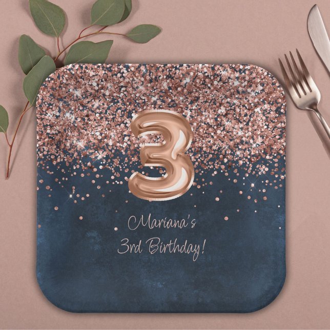Assiettes En Carton Rose Gold Navy Blue 3e fête d'anniversaire (Créateur téléchargé)