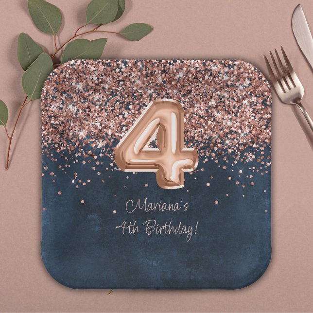 Assiettes En Carton Rose Gold Navy Blue 4th Birthday Party (Créateur téléchargé)