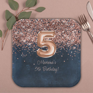 Assiettes En Carton Rose Gold Navy Blue 5e anniversaire fête