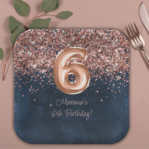 Assiettes En Carton Rose Gold Navy Blue 6e fête d'anniversaire