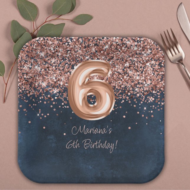 Assiettes En Carton Rose Gold Navy Blue 6e fête d'anniversaire (Créateur téléchargé)