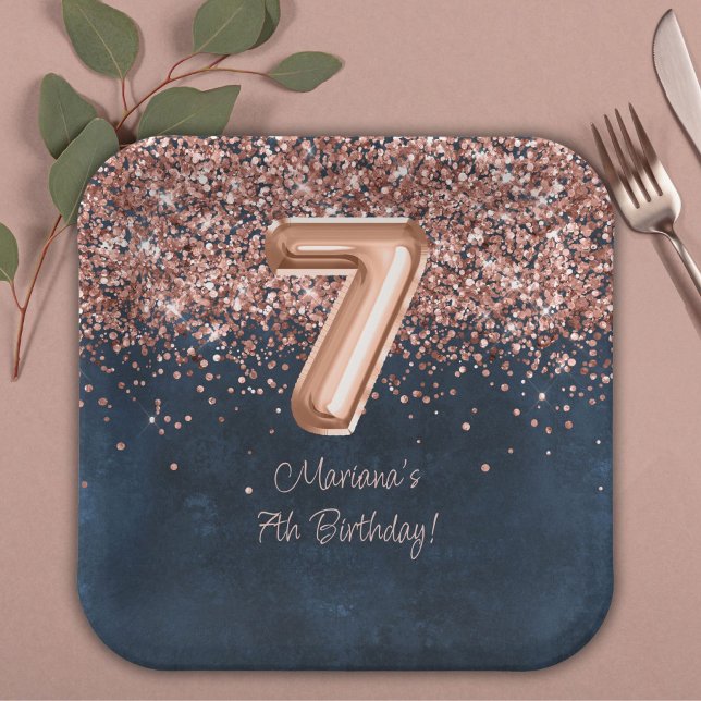 Assiettes En Carton Rose Gold Navy Blue 7e fête d'anniversaire (Créateur téléchargé)