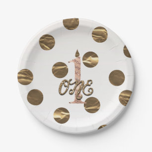 Assiettes En Carton Rose Gold ONE 1 1er Anniversaire Bronze Points Pol
