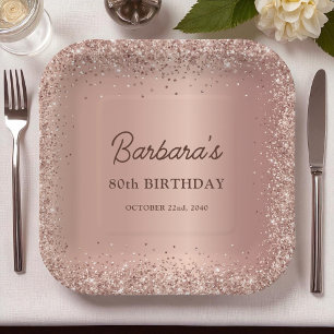 Assiettes En Carton Rose Gold Pailleté Anniversaire 80 Ans Nom