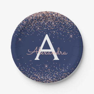 Assiettes En Carton Rose Gold Pailleté Bleu Nuit Monogramme Anniversai