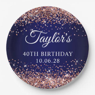 Assiettes En Carton Rose Gold Pailleté et Bleu Nuit 40e Anniversaire