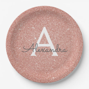 Assiettes En Carton Rose Gold Pailleté et Étincelant Monogramme Annive