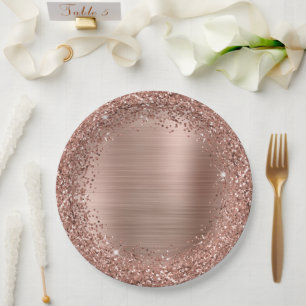 Assiettes En Carton Rose Gold Pailleté et Feuille Décorative Féminine