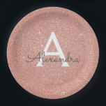 Assiettes En Carton Rose Gold Pailleté et Monogramme Anniversaire Rose<br><div class="desc">Assiettes Fête d'anniversaire ou Enterrement de vie de jeune fille élégantes en rose gold et paillettes. Ces assiettes de mariage,  de fête prénatale ou d'anniversaire peuvent être personnalisées pour inclure votre initiale et prénom. Veuillez contacter le designer pour des articles assortis personnalisés.</div>