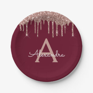 Assiettes En Carton Rose Gold Pailleté Monogramme Anniversaire Bourgog