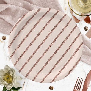 Assiettes En Carton Rose Gold Pailleté Rayure Motif Rose Fardé