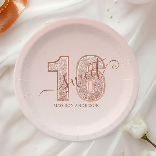 Assiettes En Carton Rose Gold Pailleté Script Anniversaire 16 Ans