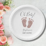 Assiettes En Carton Rose Gold Parties scintillant Baby shower pieds bé<br><div class="desc">Ces mignonnes plaques en papier Baby shower sont décorées de parties scintillant en or rose rose rousse pieds bébé et Oh Baby! dans la typographie stylisée. Facile à personnaliser.</div>