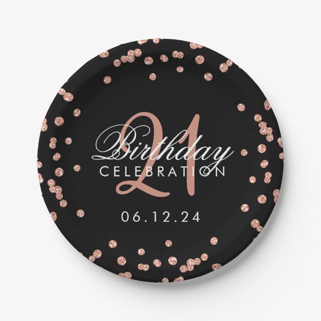 Assiettes En Carton Rose Gold Parties scintillant Confetti Black 21e a (Devant)