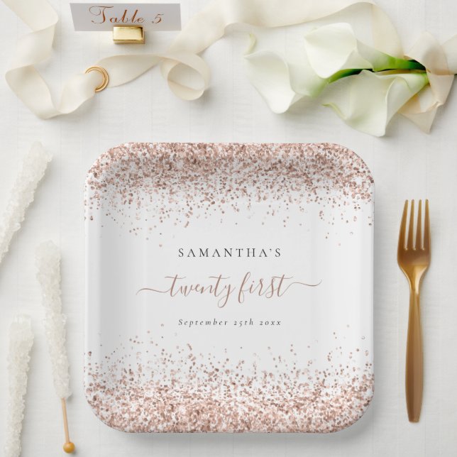 Assiettes En Carton Rose Gold Parties scintillant Nom Date 21e anniver (Mariage)