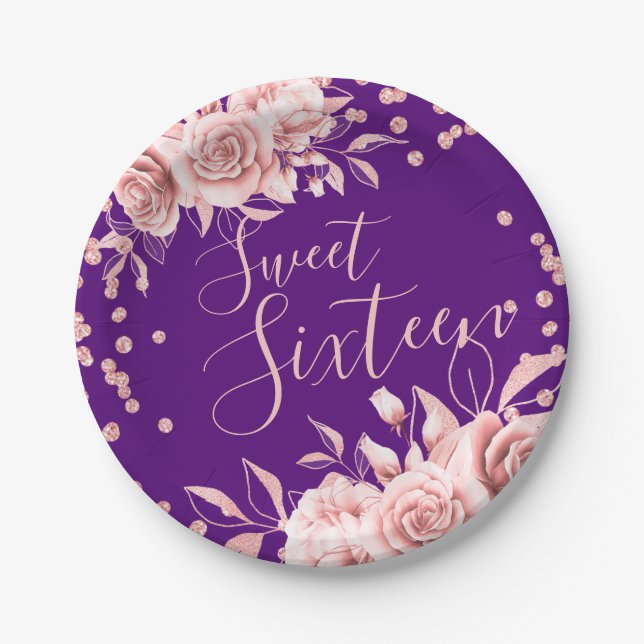 Assiettes En Carton Rose Gold Purple Sweet 16 Parties scintillant Conf (Devant)
