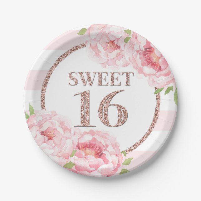 Assiettes En Carton Rose Gold Rose Floral Sweet 16 Anniversaire (Devant)