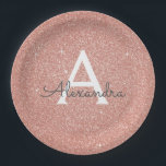 Assiettes En Carton Rose Gold Rose Pailleté et Strass Monogramme Anniv<br><div class="desc">Rose Gold Rose Faux Paillettes et Strass Élégant Anniversaire ou Enterrement de Vie de Jeune Fille Assiettes. Ces Assiettes de Mariage,  de Réception de Mariage ou de Fête d'Anniversaire peuvent être personnalisées pour inclure votre initiale et prénom. Veuillez contacter le concepteur pour des articles assortis personnalisés.</div>