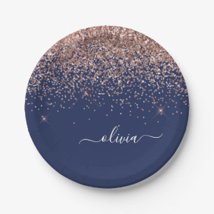 Assiettes En Carton Rose Gold Rose Pâle Bleu Nuit Paillettes Monogramm