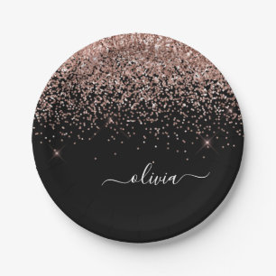 Assiettes En Carton Rose Gold - Rose Pâle et Noir Paillettes Monogramm