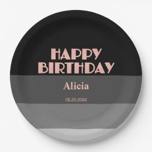 Assiettes En Carton Rose Gold Script Gris noir rayures Anniversaire