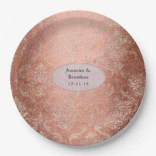 Assiettes En Carton Rose Gold Shabby-Chic Damassé Mariage