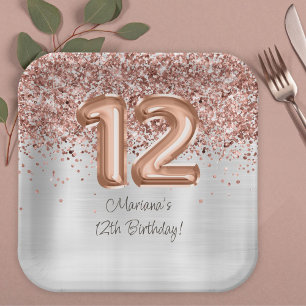 Assiettes En Carton Rose Gold Silver 12e fête d'anniversaire