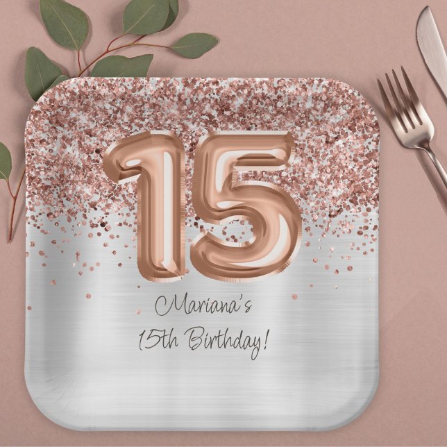 Assiettes En Carton Rose Gold Silver 15e fête d'anniversaire (Créateur téléchargé)